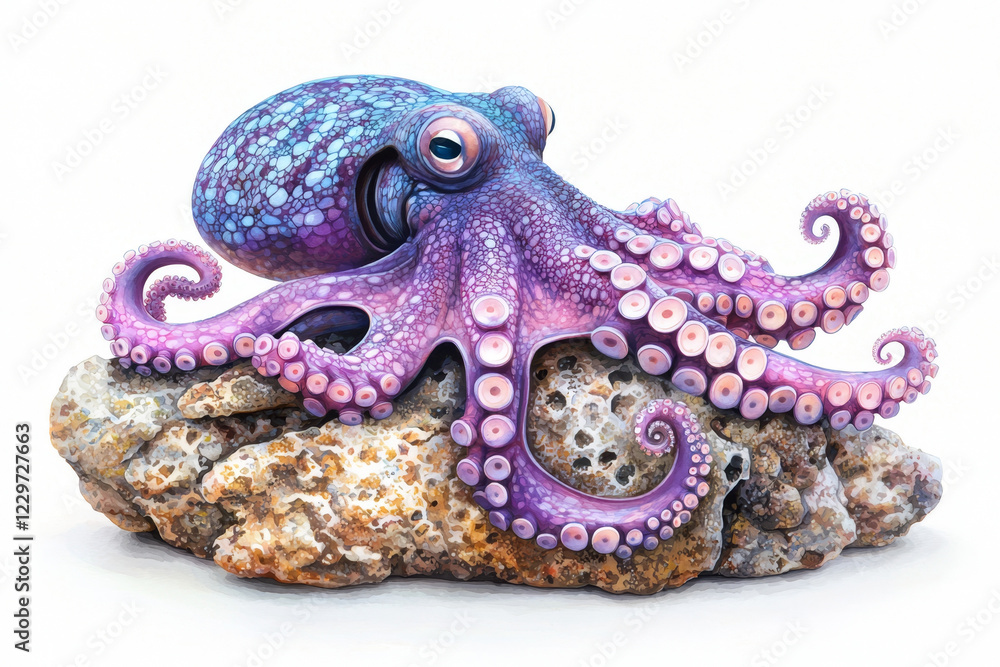 Obraz premium Purple octopus resting on a textured rock.