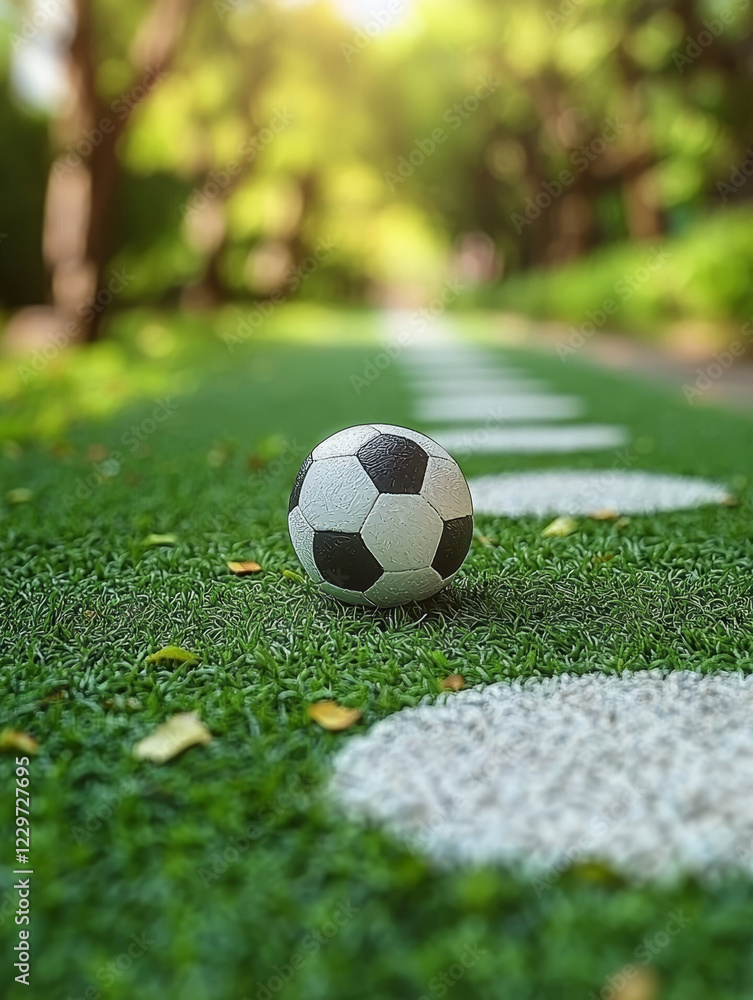 Fototapeta premium Soccer ball rests on grassy path.
