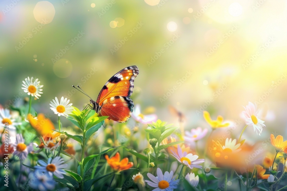 Beautiful butterfly on wild colorful flowers in grass in rays of sunlight, macro. Neural network ai generated Beautiful butterfly on wild colorful flowers in grass in rays of sunlight, macro. Neural network ai generated