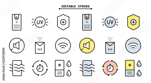 Air purifier and humidifier machine icon sets. Editable stroke. Home device for air purification filtering. Electronic devices. Home climate. Moisture content