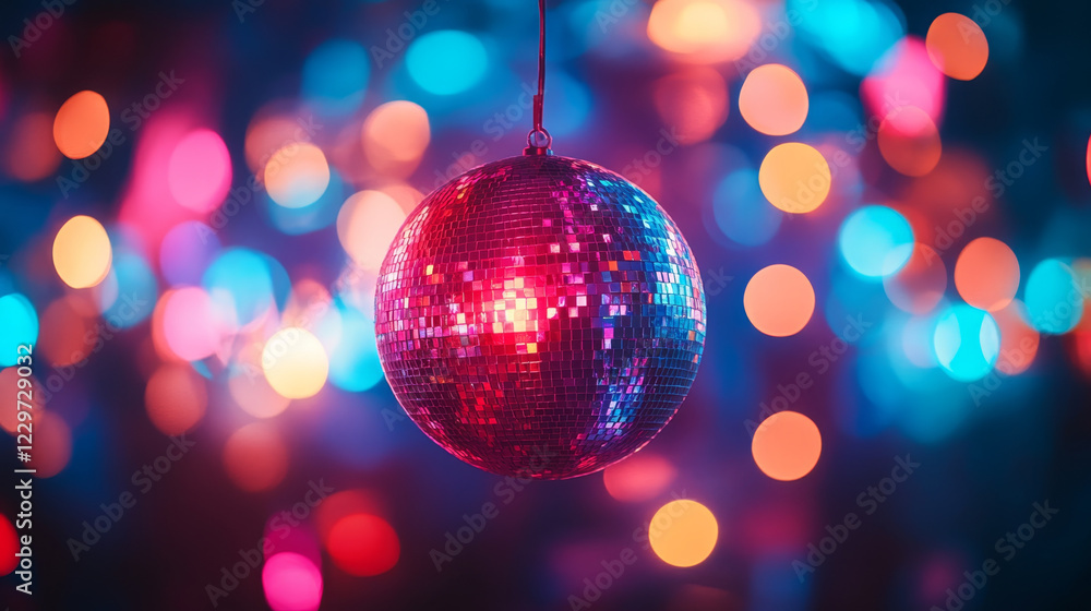 Disco ball hanging amidst vibrant, colorful bokeh lights. Disco ball hanging amidst vibrant, colorful bokeh lights.