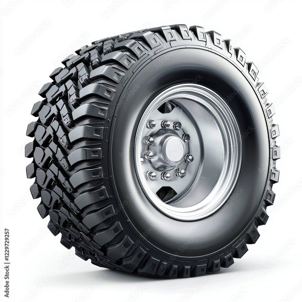 Obraz premium heavy-duty truck wheel with rugged tread and a shiny silver hubcap, placed on a clean white background