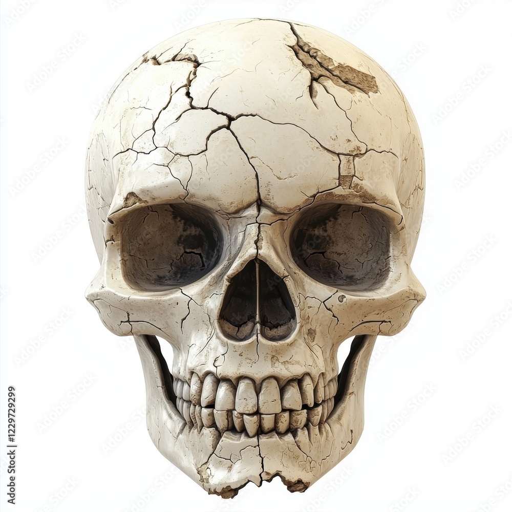 cracked skull with weathered details, symbolizing ancient remains, isolated on a bright white background cracked skull with weathered details, symbolizing ancient remains, isolated on a bright white background