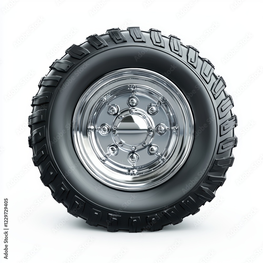 Fototapeta premium heavy-duty truck wheel with rugged tread and a shiny silver hubcap, placed on a clean white background
