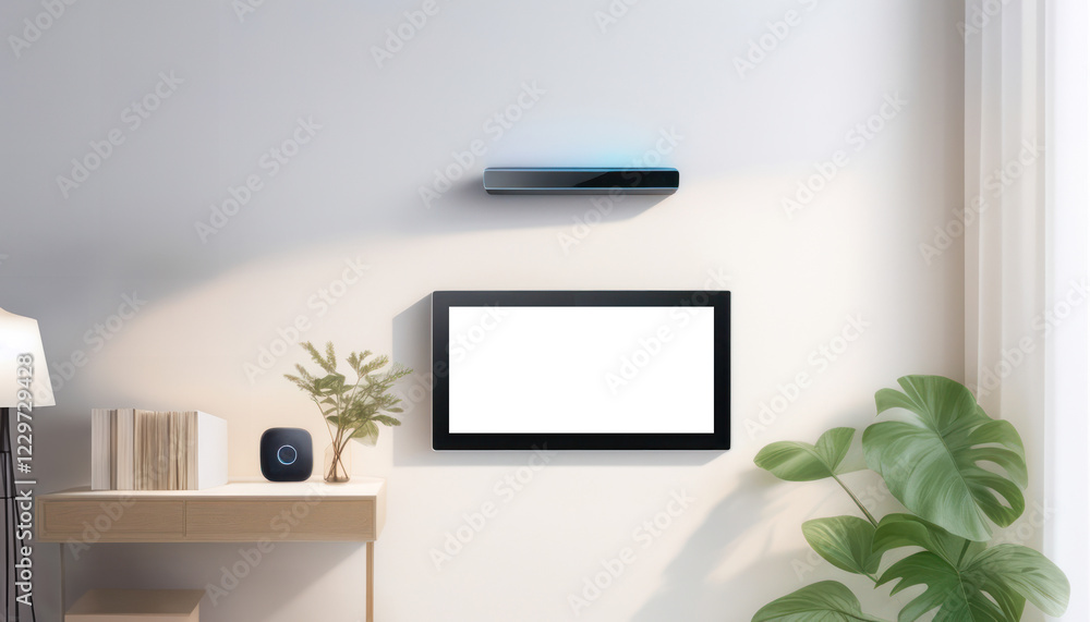 Obraz premium Blank screen on the wall of a smart home. Control panel in a living room. Mock-up white display