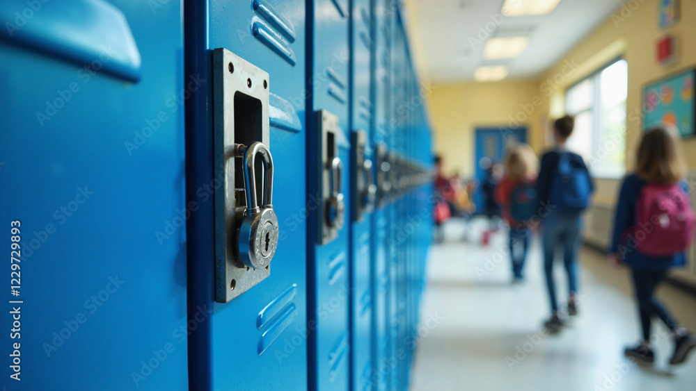 Vibrant Blue School Lockers in a Bustling Hallway, Ideal for Educational Websites, School Publications, and Back-to-School Promotions Vibrant Blue School Lockers in a Bustling Hallway, Ideal for Educational Websites, School Publications, and Back-to-School Promotions