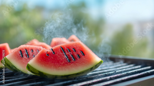 Watermelon slices grilling on barbecue for a unique summer dessert, healthy eating and outdoor cooking concept