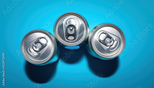 Top view of aluminum drinks cans isolated on colorful background, creative lighting. Copy space photo