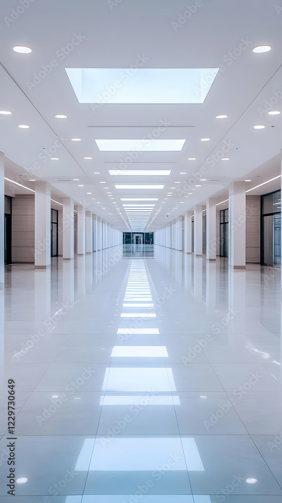 Empty modern hallway, bright lighting, perspective, architecture, interior design Empty modern hallway, bright lighting, perspective, architecture, interior design