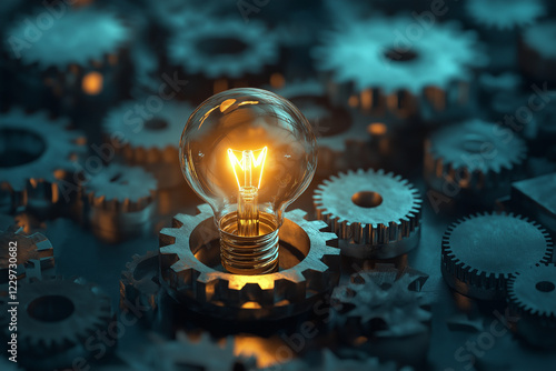 An illustration of a lightbulb surrounded by gears, representing the innovation and ideation process inherent in business development
