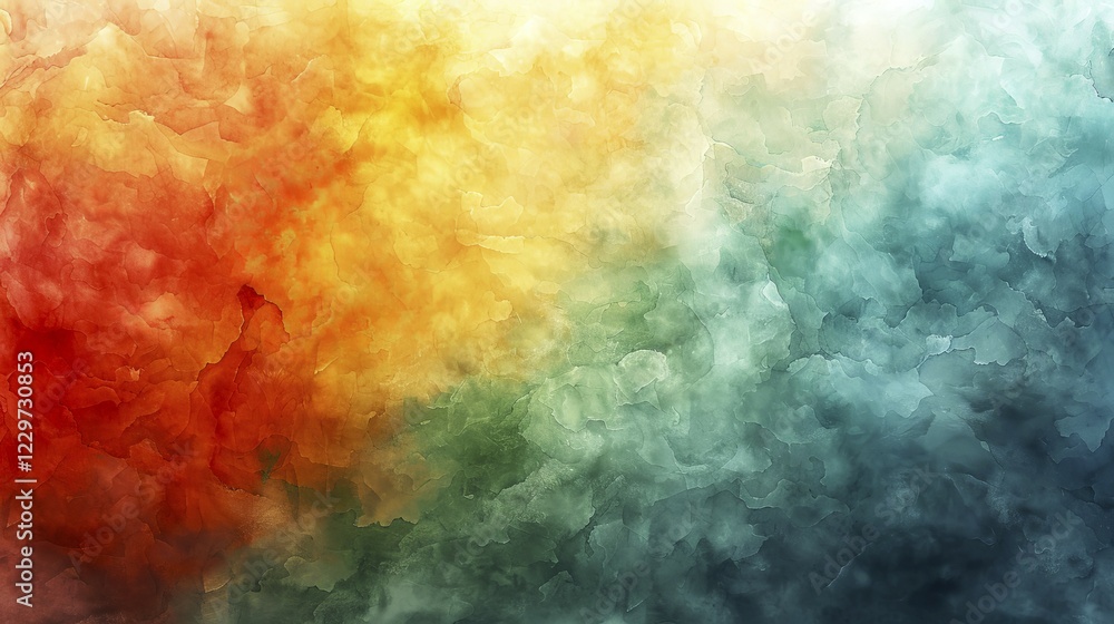 Obraz premium Abstract watercolor painting with a gradient blend from warm reds and oranges to cool blues and greens, featuring a textured appearance, AI generated