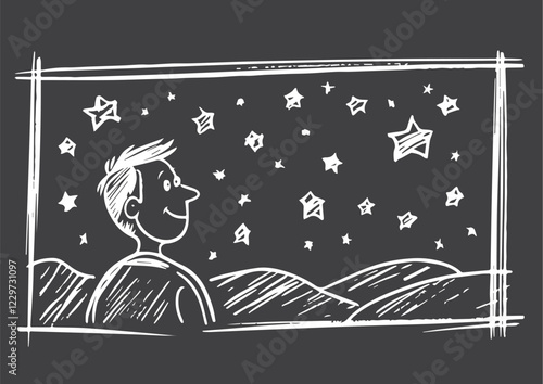 "Hand-Drawn Chalk Doodle of a Man Gazing at Stars"