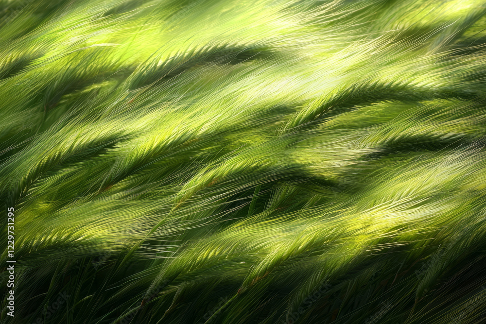 Sunlit green barley field, swaying gently in the breeze. Sunlit green barley field, swaying gently in the breeze.