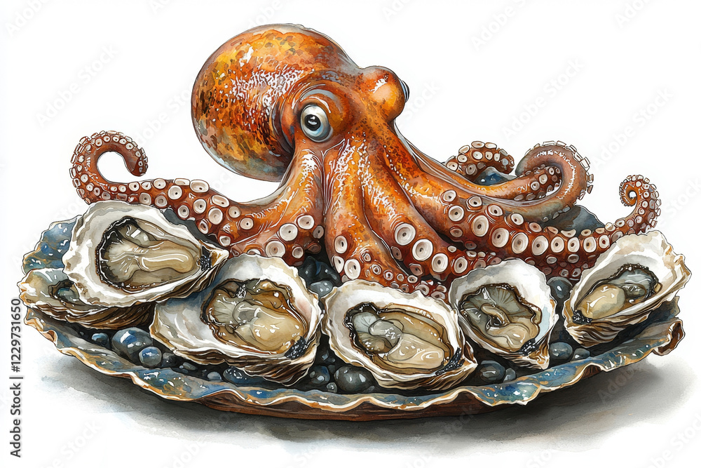 Octopus and oysters on a shell-shaped platter. Octopus and oysters on a shell-shaped platter.