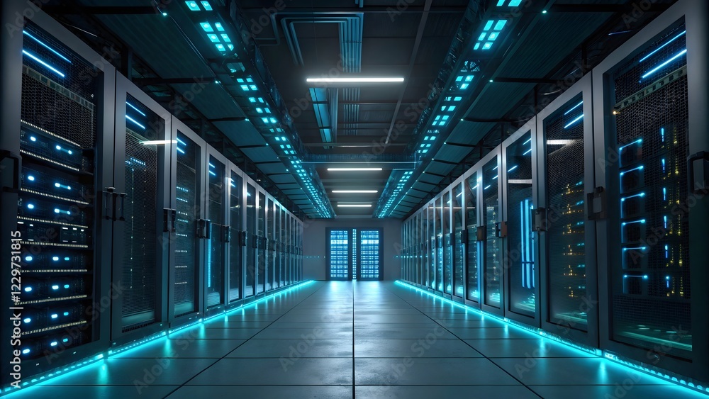 Futuristic Data Center with Rows of Servers and Bright Lights Futuristic Data Center with Rows of Servers and Bright Lights