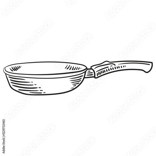 Frying pan for cooking. Food concept. Vintage illustration sketch for restaurant or diner menu. Vector kitchenware drawn with black lines by hand.