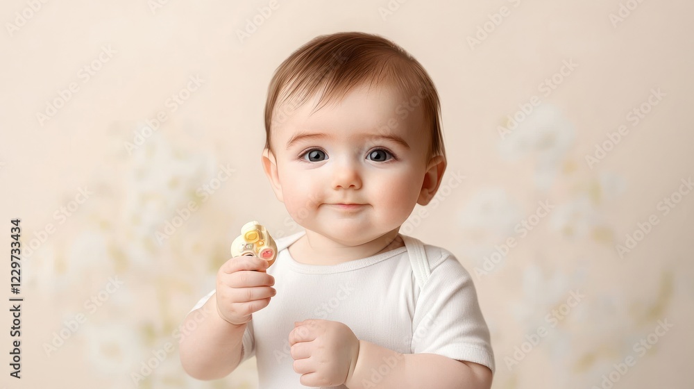 Adorable Baby in White Outfit Holding Toy Against Beige Floral Background Adorable Baby in White Outfit Holding Toy Against Beige Floral Background