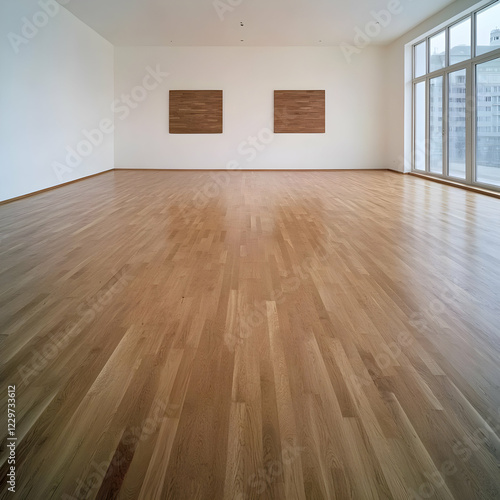 Wallpaper Mural Empty modern room, hardwood floor, large window, city view, interior design Torontodigital.ca