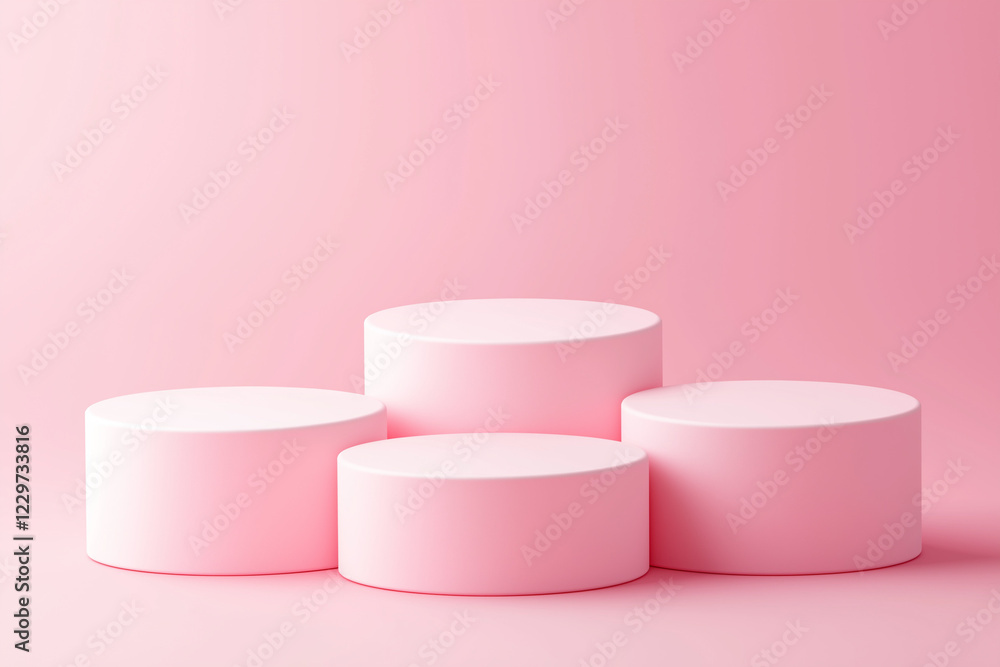 3D pink round podium set background. Abstract geometric composition in minimalist design. Studio display showroom stand product pedestal 3D pink round podium set background. Abstract geometric composition in minimalist design. Studio display showroom stand product pedestal