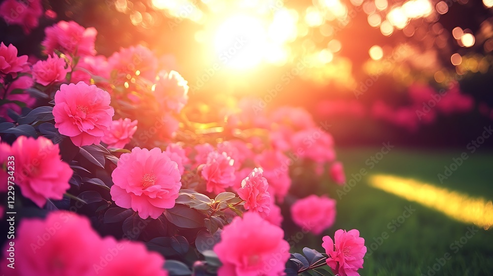 Fototapeta premium A dramatic view of blossoms glowing under a soft golden sunset