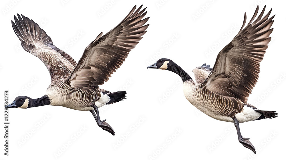 Canada goose bundle, flying, standing and portrait, isolated on a white background, anima Canada goose bundle, flying, standing and portrait, isolated on a white background, anima