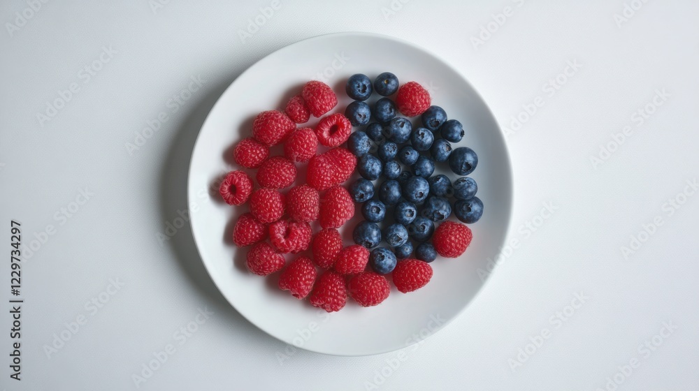 A minimalist plate of fresh raspberries and blueberries, neatly arranged in a simple pattern on a plain white ceramic plate, Raspberries and blueberries centered A minimalist plate of fresh raspberries and blueberries, neatly arranged in a simple pattern on a plain white ceramic plate, Raspberries and blueberries centered