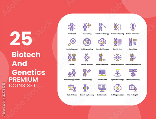 Biotech and Genetics Vector Icons Set – DNA, Gene Editing, CRISPR, Stem Cell Therapy & Genome Mapping