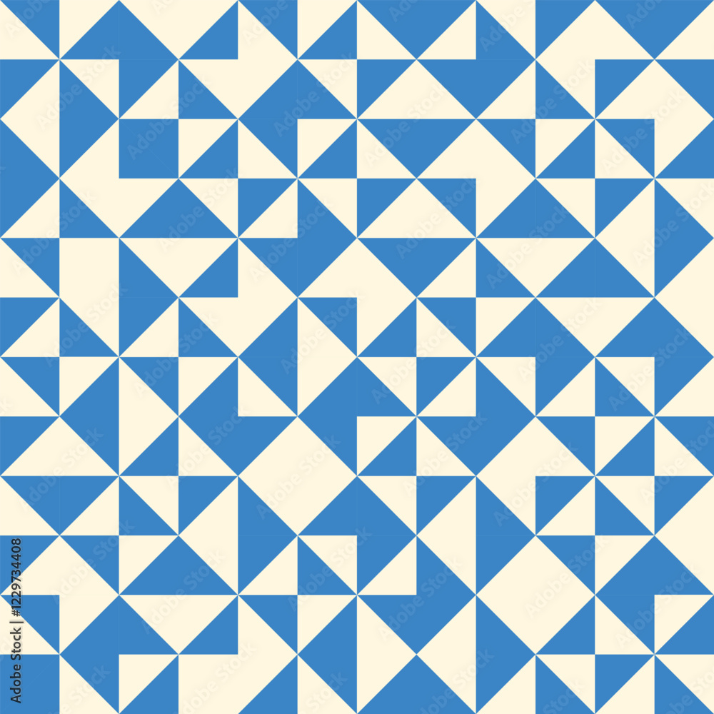 Abstract Geometric Triangles and Shapes on squares in white and navy blue seamless pattern. For quilting fabric, textile and wallpaper Abstract Geometric Triangles and Shapes on squares in white and navy blue seamless pattern. For quilting fabric, textile and wallpaper