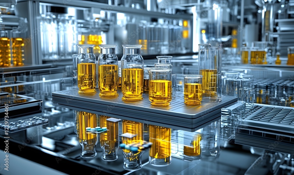 Factory lab automated process, yellow liquid, vials, pills