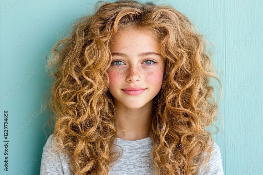 Portrait of smiling girl with long blonde curly hair and freckles showing natural beauty Portrait of smiling girl with long blonde curly hair and freckles showing natural beauty