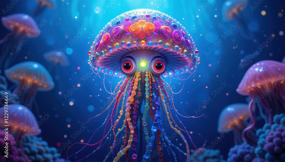 In a stunning underwater landscape, jellyfish pulsate gracefully, illuminated by serene blue light. Their colorful tentacles sway gently, creating a dreamy aquatic ballet amidst soft bubbles In a stunning underwater landscape, jellyfish pulsate gracefully, illuminated by serene blue light. Their colorful tentacles sway gently, creating a dreamy aquatic ballet amidst soft bubbles