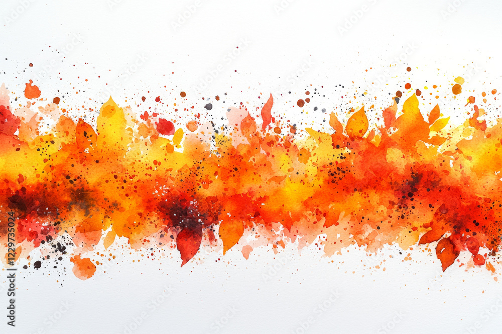 Fototapeta premium Autumnal watercolor explosion: orange and red leaf shapes burst across white.