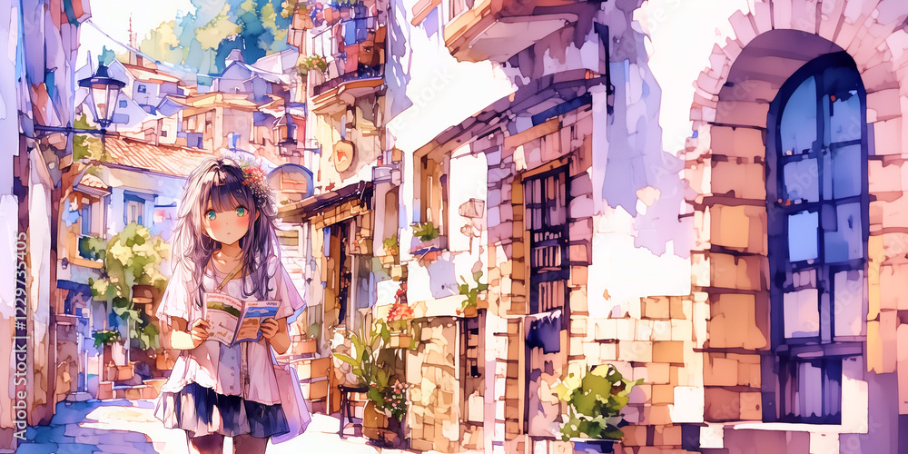 情報誌を片手に女子旅をする女の子。水彩画イラスト。素材。チラシ素材。 情報誌を片手に女子旅をする女の子。水彩画イラスト。素材。チラシ素材。