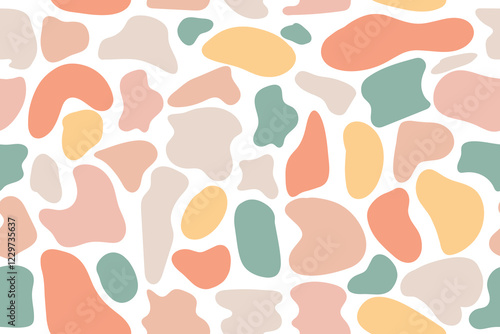 Seamless pattern of organic spots. Repeating print pebbles stones mosaic textured background. Abstract liquid shapes. Trendy minimalist design for presentations, banners, posters and flyers. Vector