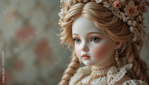 Porcelain doll with blond braid and floral crown