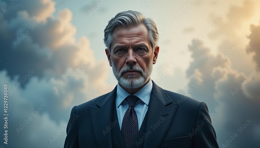 Mature businessman in formal suit cloudy sky backdrop Mature businessman in formal suit cloudy sky backdrop