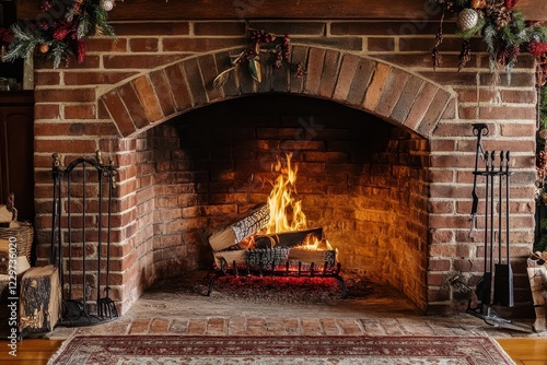 Cozy rustic brick fireplace with roaring fire inviting living room interior design warm atmosphere front view home comfort concept