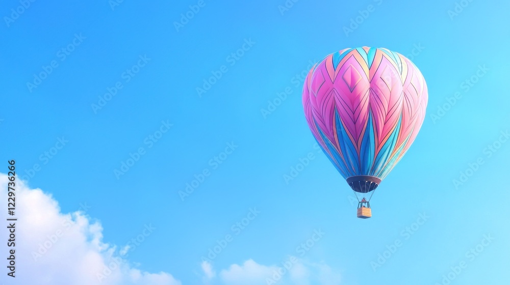 Naklejka premium Pastel Pink Hot Air Balloon Soaring in a Blue Sky