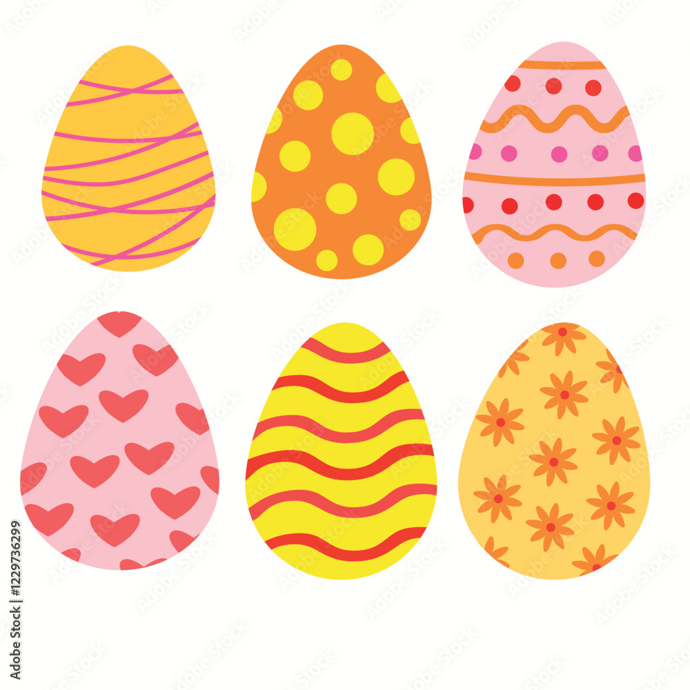 Vector set of 6 Easter eggs isolated on white background featuring dots, flowers, stripes and hearts. For easter greeting cards, postcards and prints Vector set of 6 Easter eggs isolated on white background featuring dots, flowers, stripes and hearts. For easter greeting cards, postcards and prints