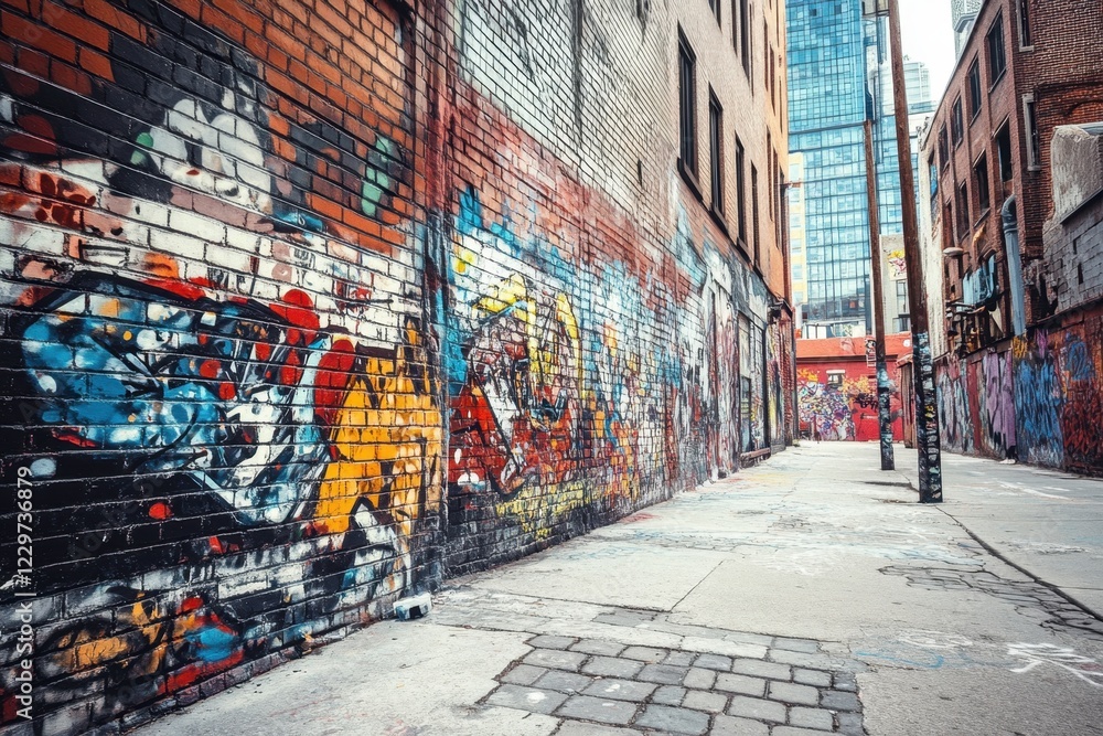 Fototapeta premium Vibrant street art on graffiti-covered brick wall in urban alleyway colorful mural displays gritty city environment eye-level viewpoint urban culture and expression