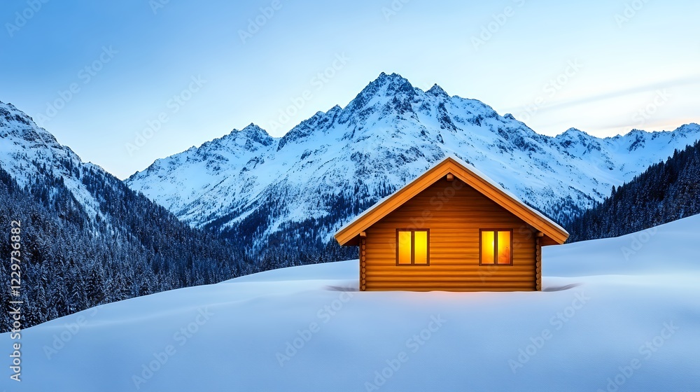 Fototapeta premium Cozy Wooden Cabin In Snowy Mountain Landscape