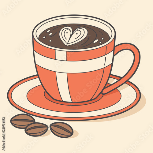 Cute Coffee Cup Drawing with Saucer and Coffee Beans,Stylish Coffee Cup and Coffee Beans Illustration for Marketing