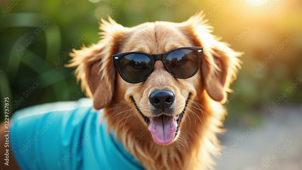 Playful Golden Retriever in Trendy Blue Shirt and Sunglasses for Pet Apparel Ads, Summer Events, and Social Media Posts Playful Golden Retriever in Trendy Blue Shirt and Sunglasses for Pet Apparel Ads, Summer Events, and Social Media Posts