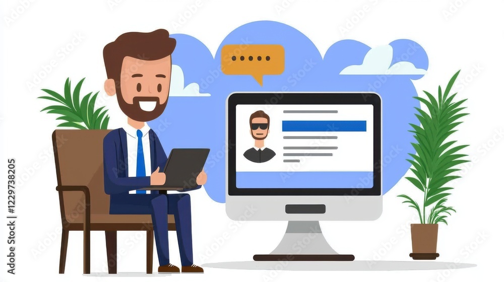 Customer expectation for satisfaction. A man using a tablet while sitting next to a computer and plants. Customer expectation for satisfaction. A man using a tablet while sitting next to a computer and plants.