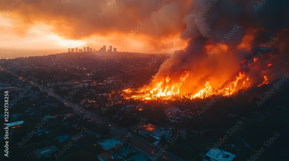 Fototapeta premium Dramatic Aerial View of Raging Wildfire at Sunset over Cityscape