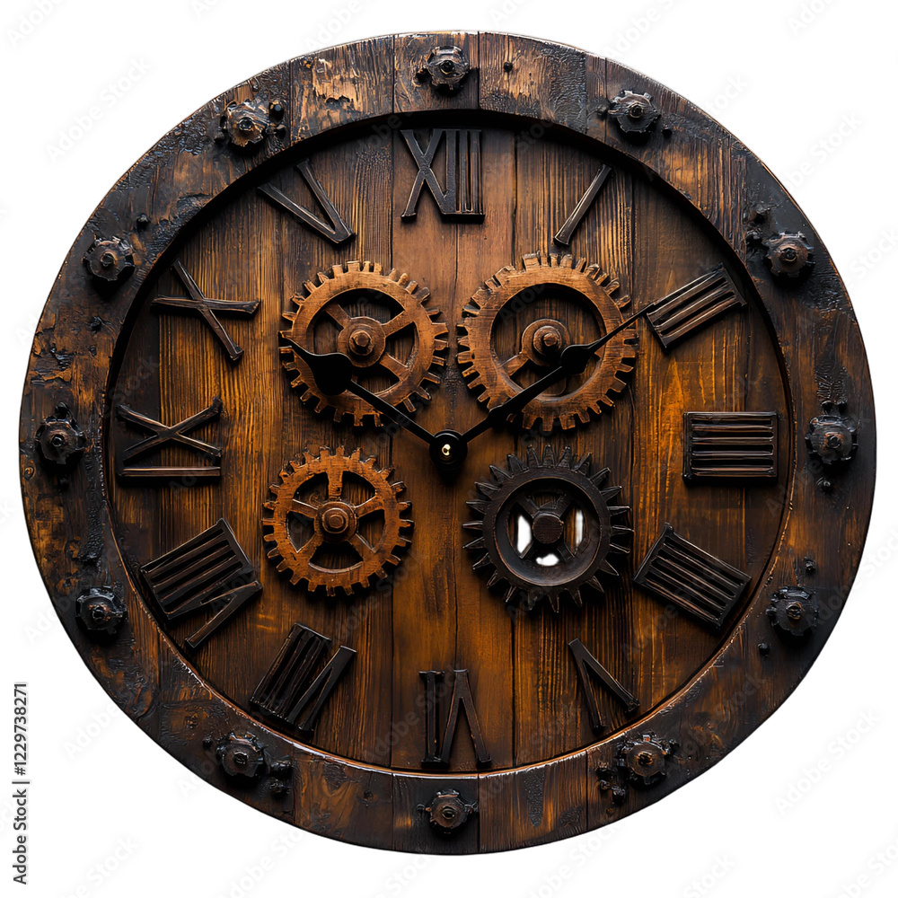 Fototapeta premium Rustic Wooden Gear Clock Wall Decor Vintage Timepiece with Roman Numerals and Metal Cogs
