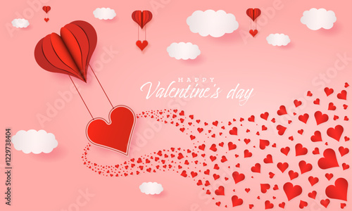 Happy valentines day romantic card, 3d balloon, hearts flying, clouds, paper cut vector. 3d love concept background wallpaper to use for valentines day, romantic 14 february project.