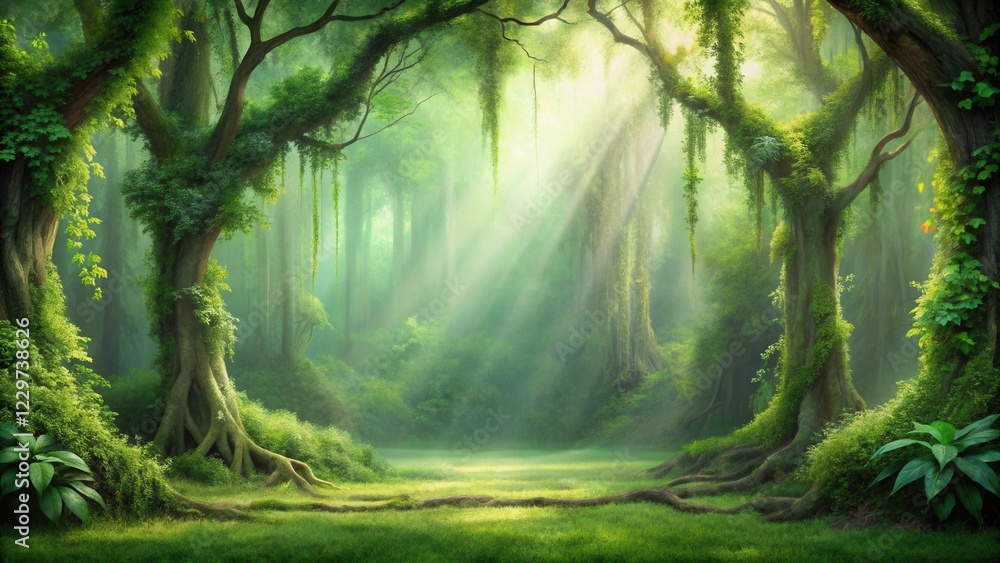 Fototapeta premium Lush Green Canopy, Sunlight Dappling Through Ancient Trees in a Mystical Forest Scene