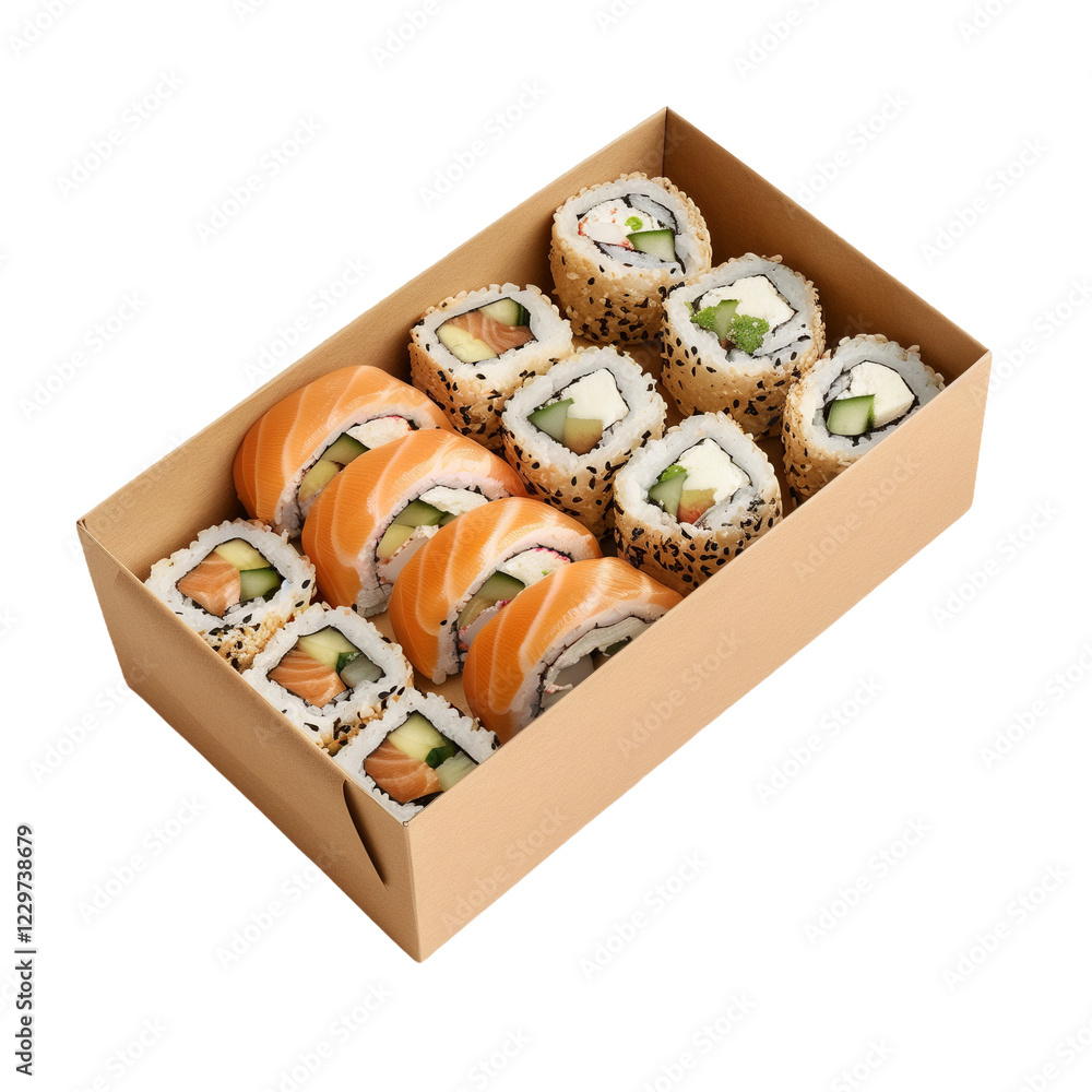 Fresh Sushi Rolls in Kraft Paper Box, Transparent Cut Out Fresh Sushi Rolls in Kraft Paper Box, Transparent Cut Out