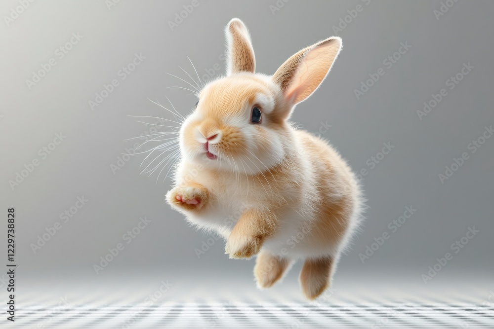 Fototapeta premium Adorable fluffy bunny jumping with open mouth and paws up